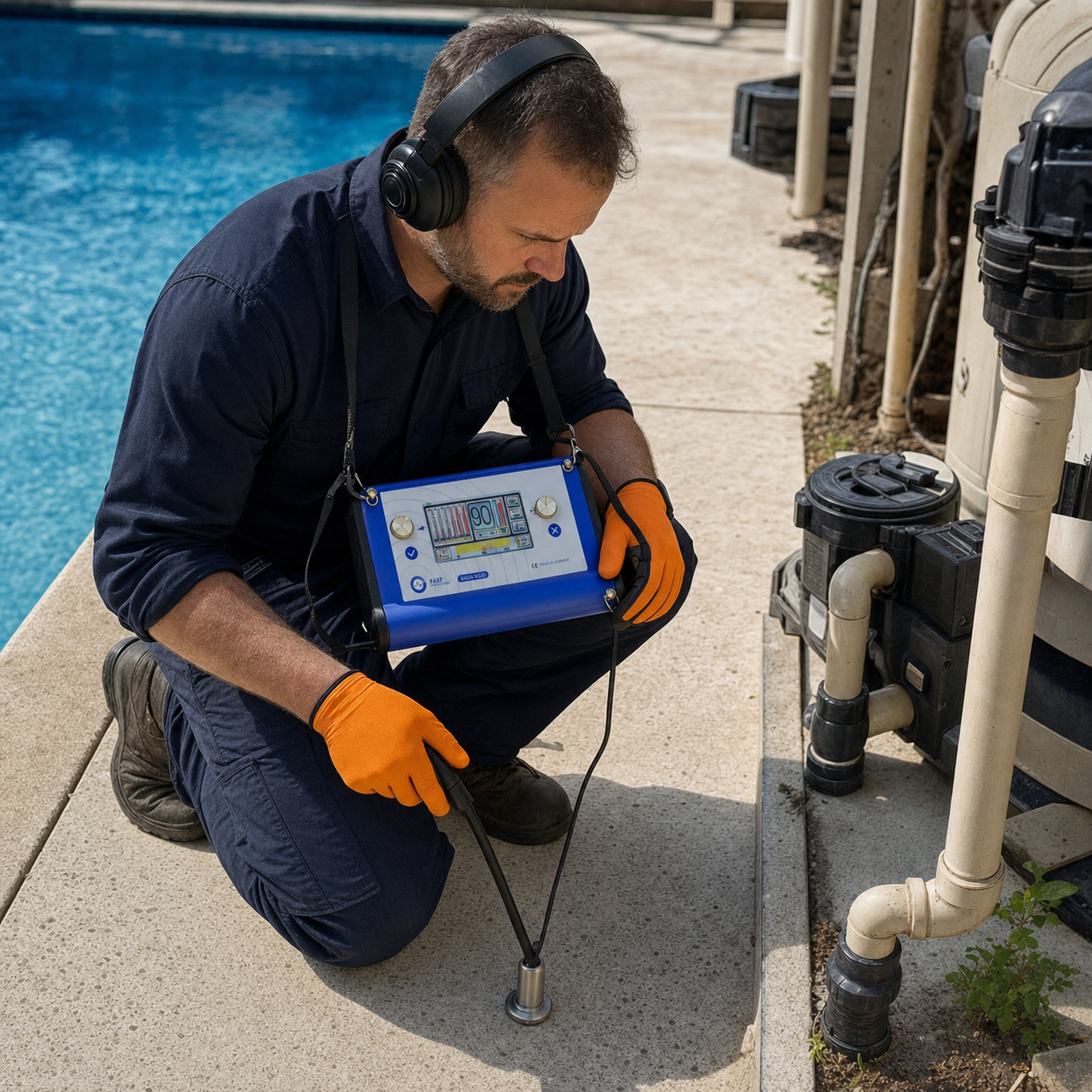 Técnico localizando fugas de piscina con Aqua M-300D