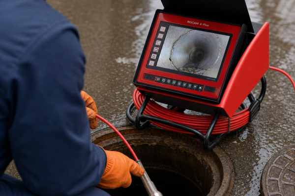 Técnico inspeccionando una tubería con cámara CCTV