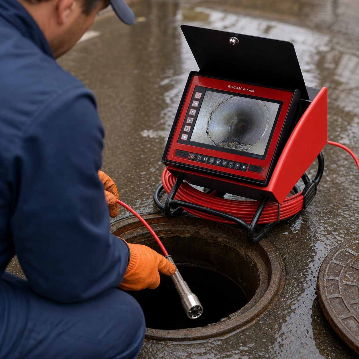 Técnico inspeccionando una tubería con cámara CCTV