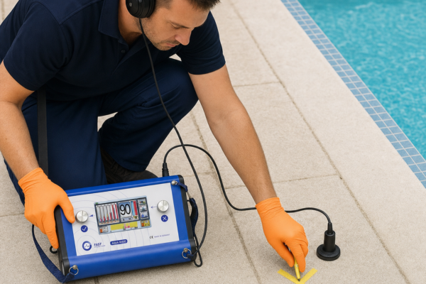 Técnico localizando una fuga de piscina sin romper