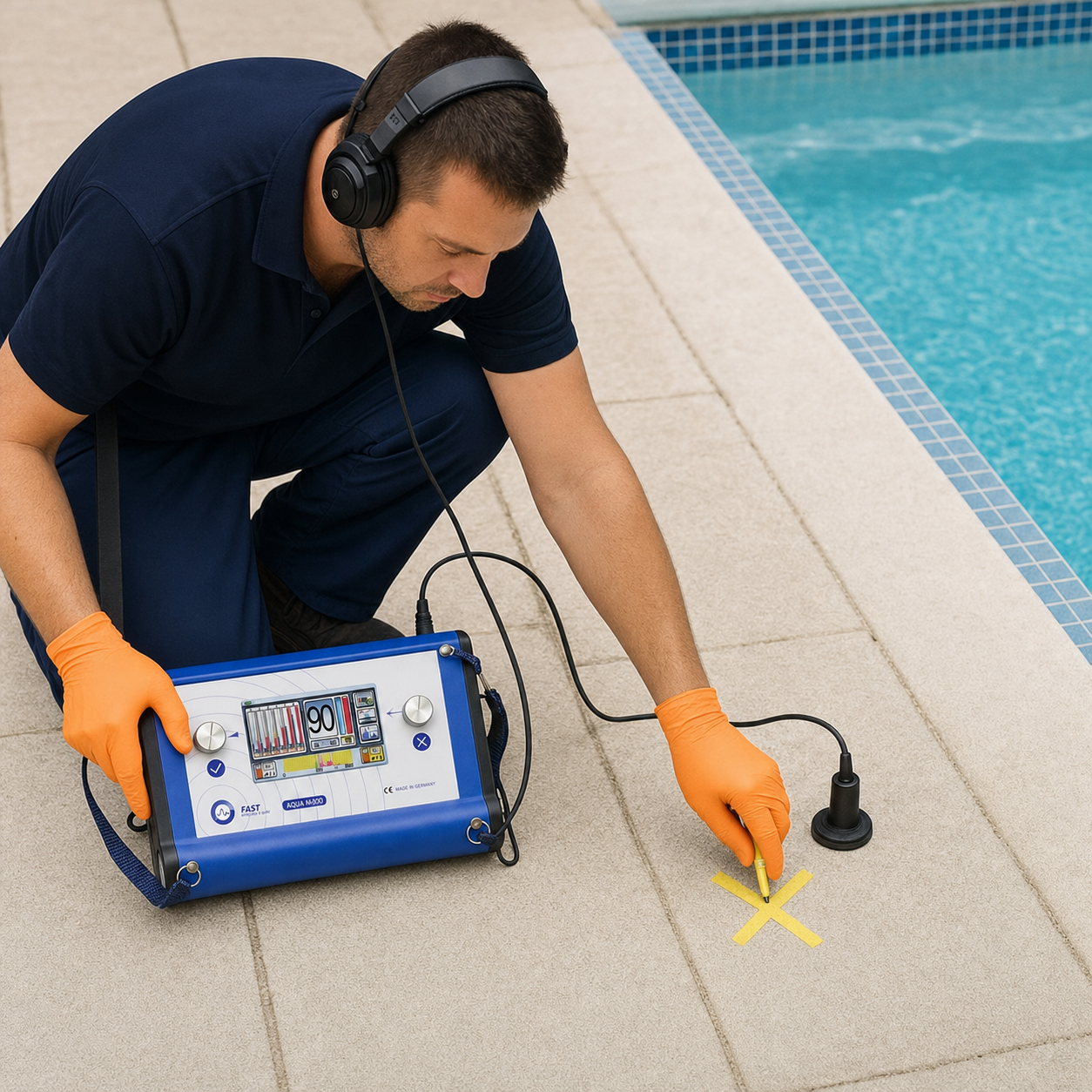 Técnico localizando una fuga de piscina sin romper
