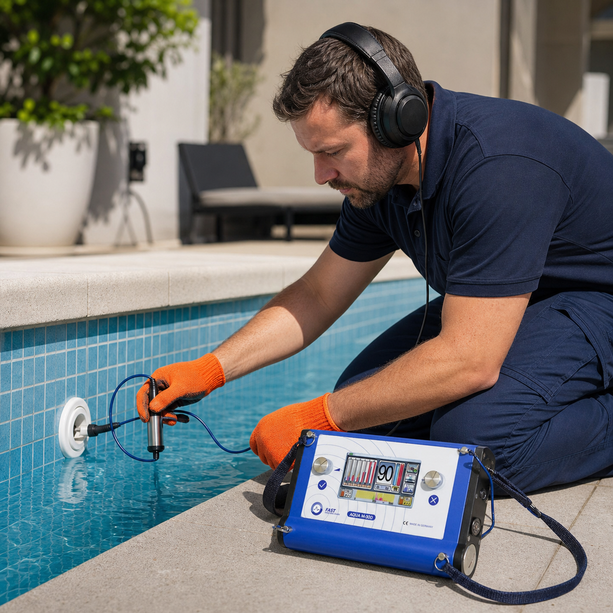 Técnico realizando un diagnóstico no destructivo de fugas en piscina