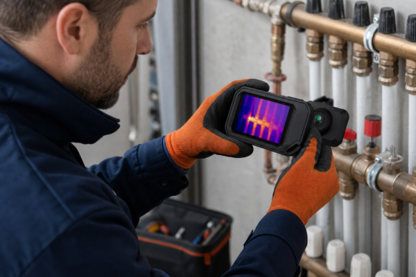 Técnico inspeccionando una instalación con cámara termográfica profesional