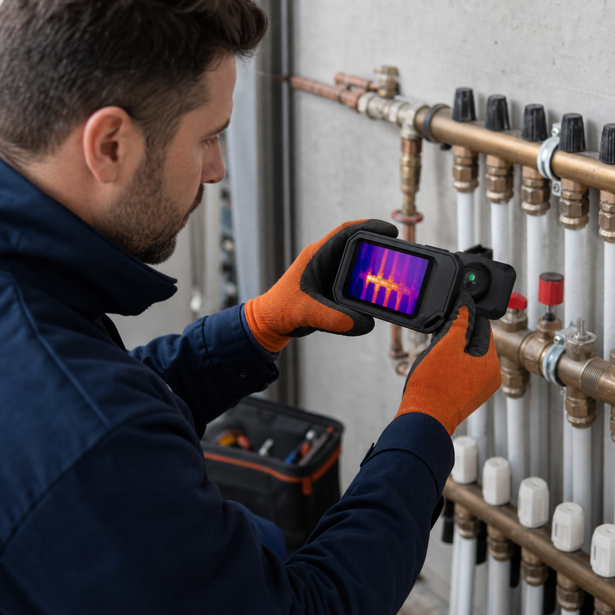 Técnico inspeccionando una instalación con cámara termográfica profesional