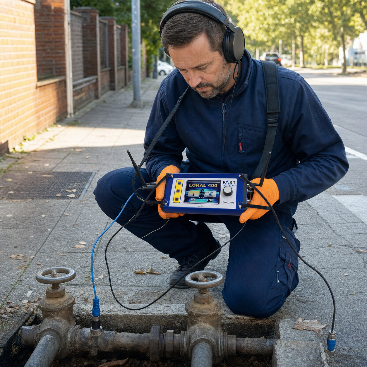 Técnico localizando fugas con un correlador Lokal 400