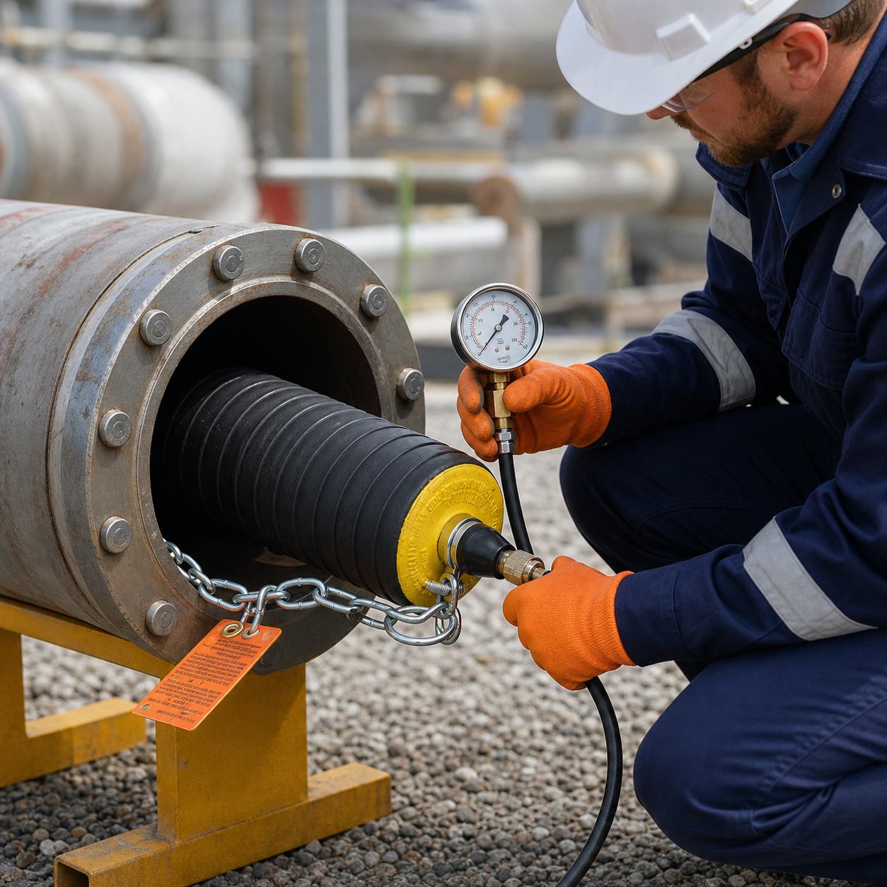 Técnico preparando material para una prueba de estanqueidad
