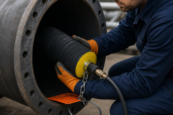Técnico instalando un obturador neumático de 4 a 6 pulgadas