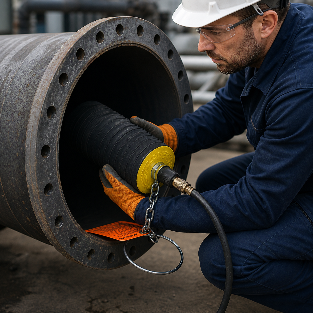 Técnico instalando un obturador neumático de 4 a 6 pulgadas
