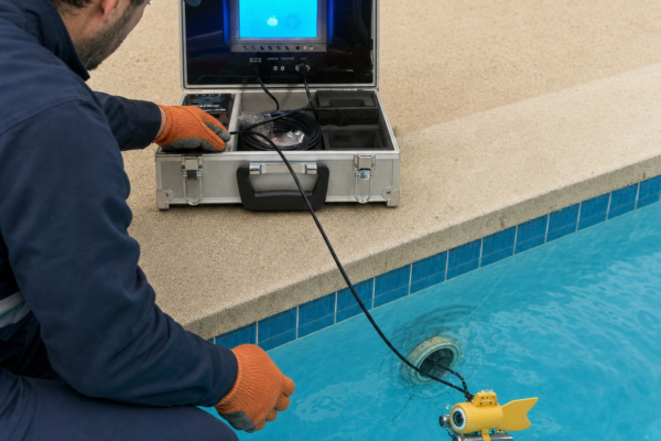 Técnico inspeccionando una piscina con la cámara submarina Panter F2000