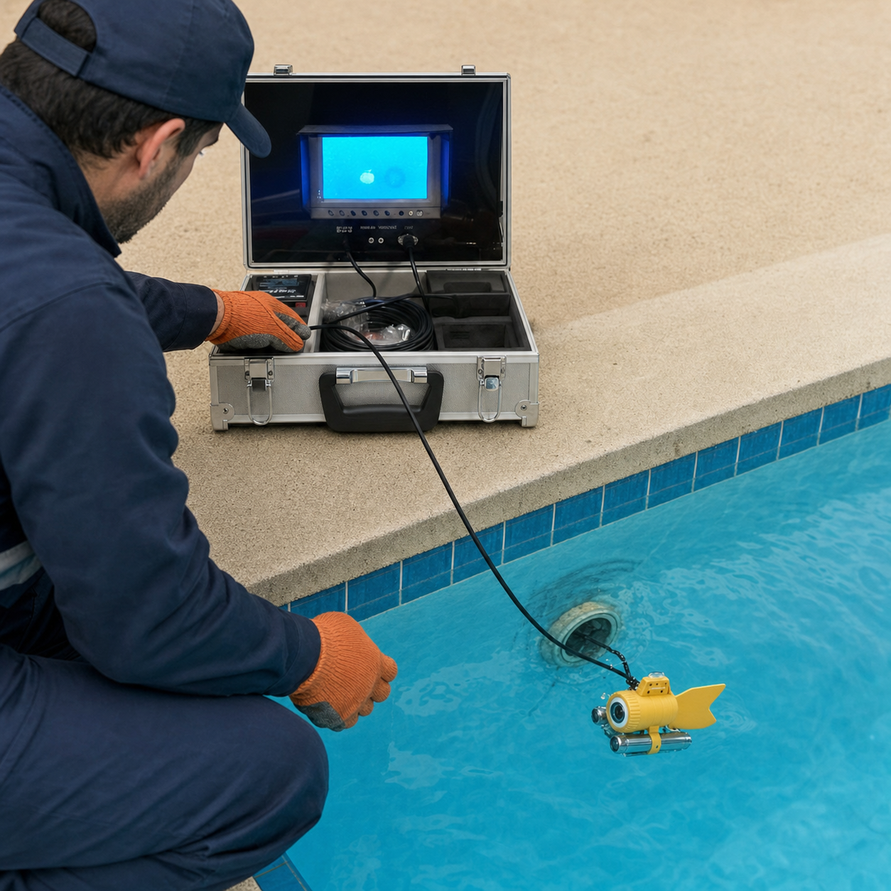 Técnico inspeccionando una piscina con la cámara submarina Panter F2000