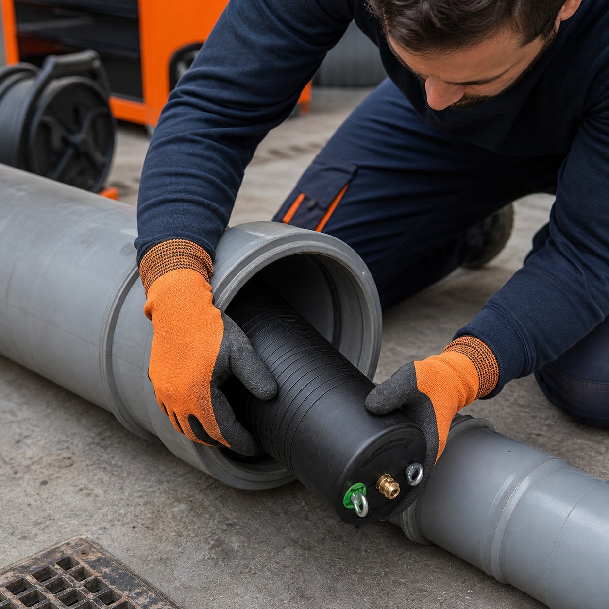 Técnico instalando un obturador neumático Plugy 40-70