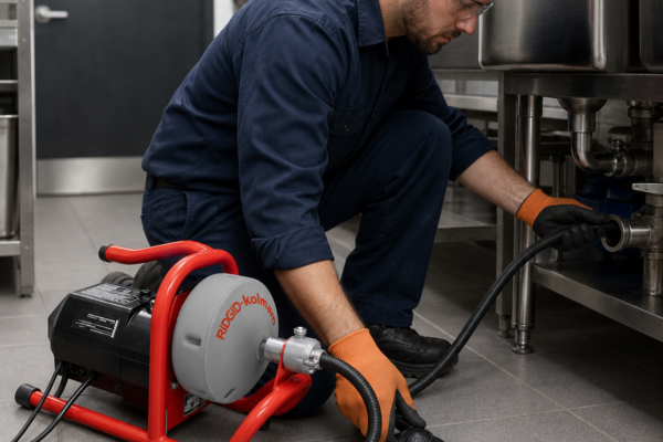 Técnico desatascando un desagüe con RIDGID K-40AF