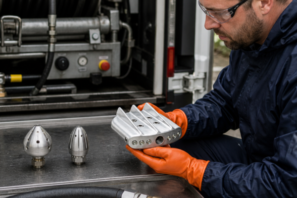 Técnico seleccionando toberas para limpieza de tuberías