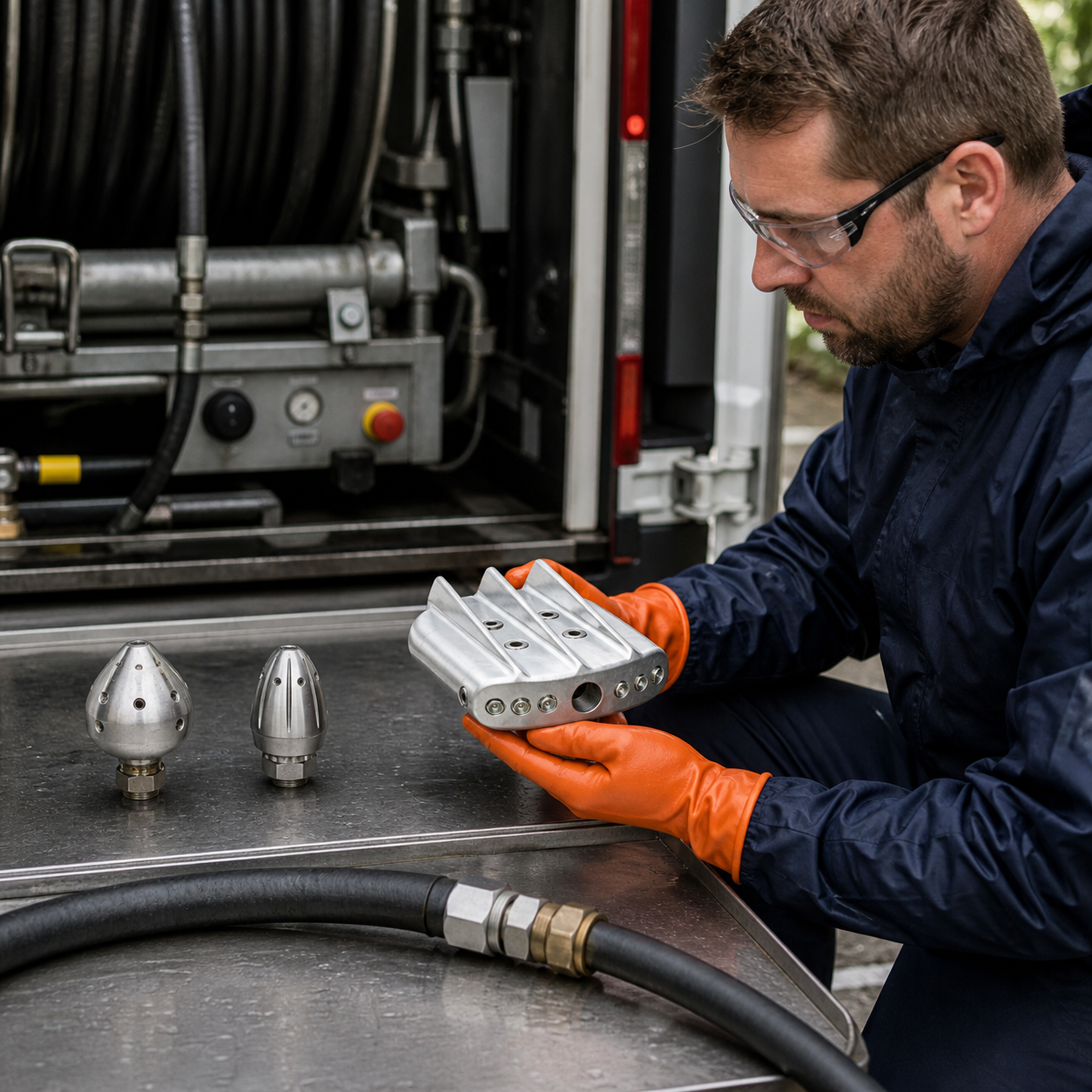 Técnico seleccionando toberas para limpieza de tuberías